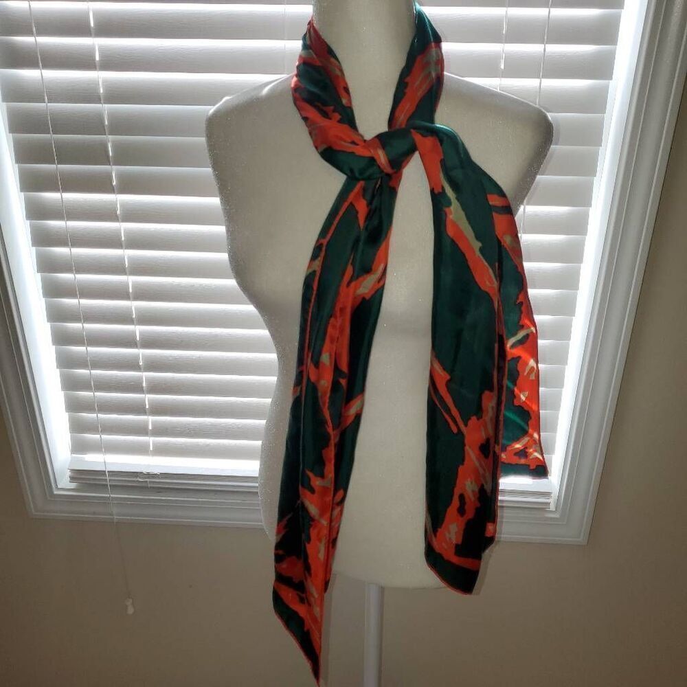 ECHO. 100% Pure Silk, Green, Red and Gold, Rectangle Shape Scarf. Made in Japan.